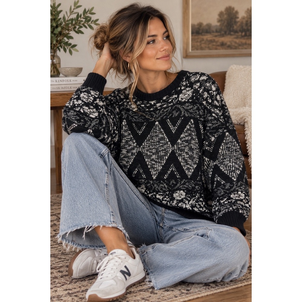 Vintage Method Black White Argyle Fair Isle Knit Sweater Size Large 90s Grunge